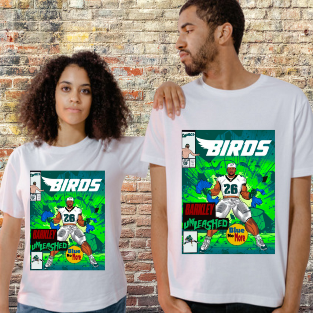 Comic-style football player in green-themed gear with "Barkley Unleashed" text on graphic tee