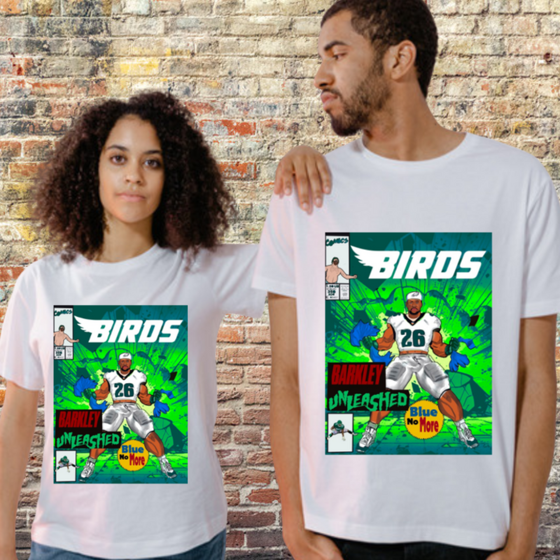 Comic-style football player in green-themed gear with "Barkley Unleashed" text on graphic tee
