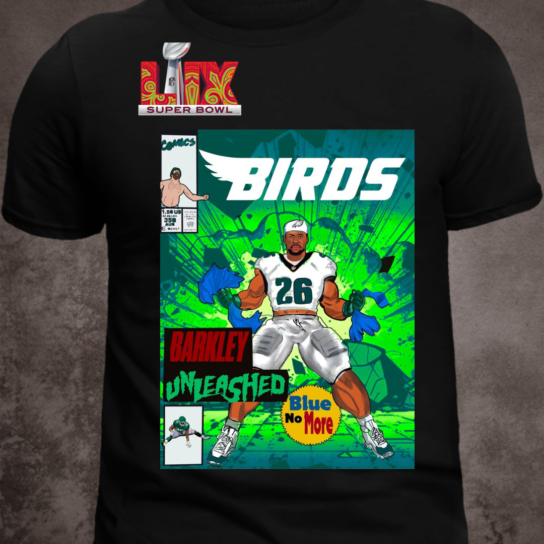 Comic-style football player in green-themed gear with "Barkley Unleashed" text on graphic tee