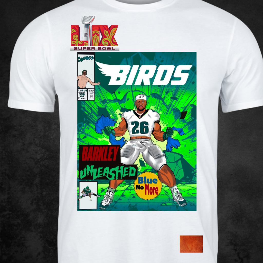 Comic-style football player in green-themed gear with "Barkley Unleashed" text on graphic tee