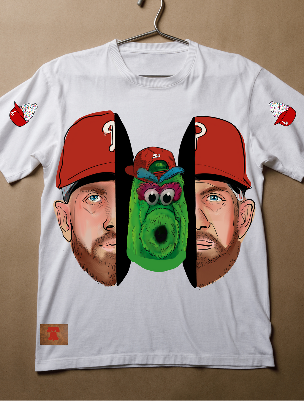 White t-shirt with a graphic design of two faces one bryce harper and the phanatic r on a beige background