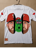 White t-shirt with a graphic design of two faces one bryce harper and the phanatic r on a beige background