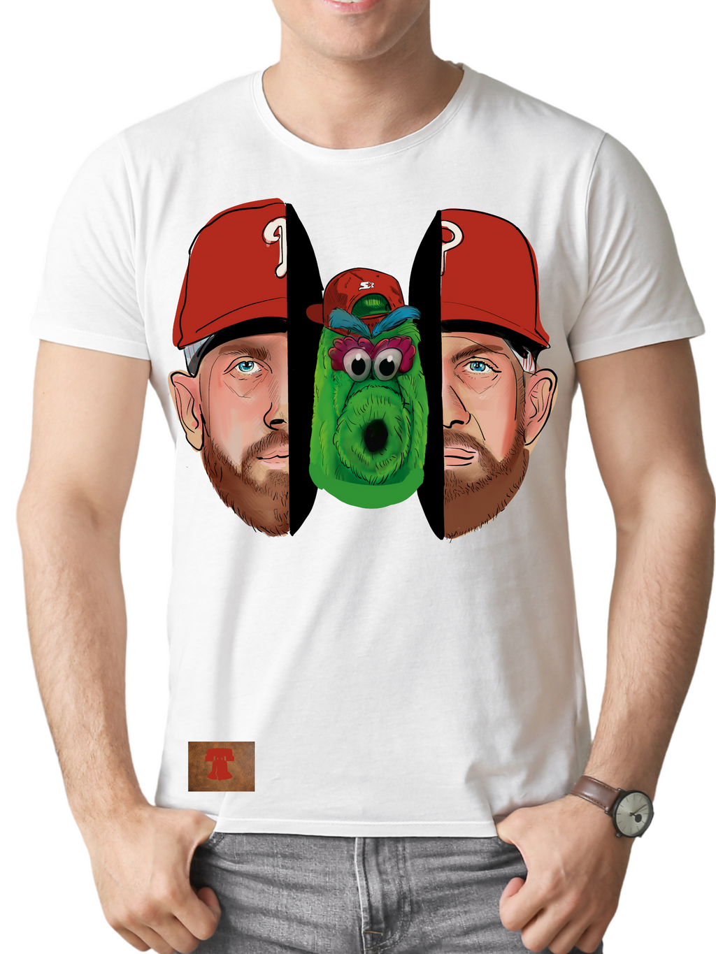 White t-shirt with graphic design of two faces and a green creature on a white background