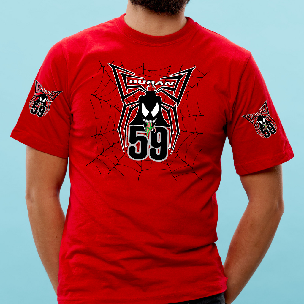 Red t-shirt with a graphic design featuring the number 59 and text on a blue background