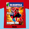 Red t-shirt with a superhero-themed graphic and text on a blue background
