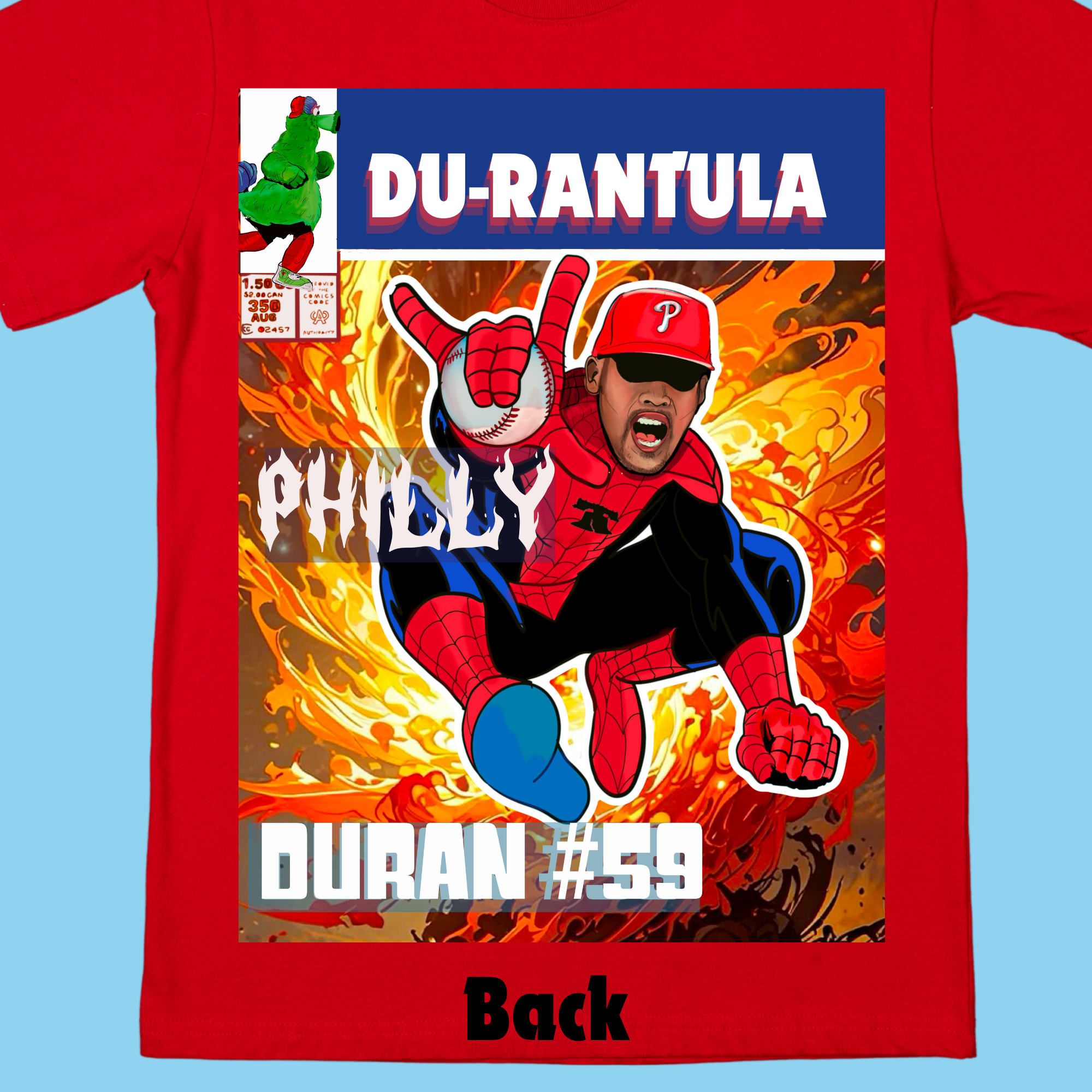 Red t-shirt with a superhero-themed graphic and text on a blue background