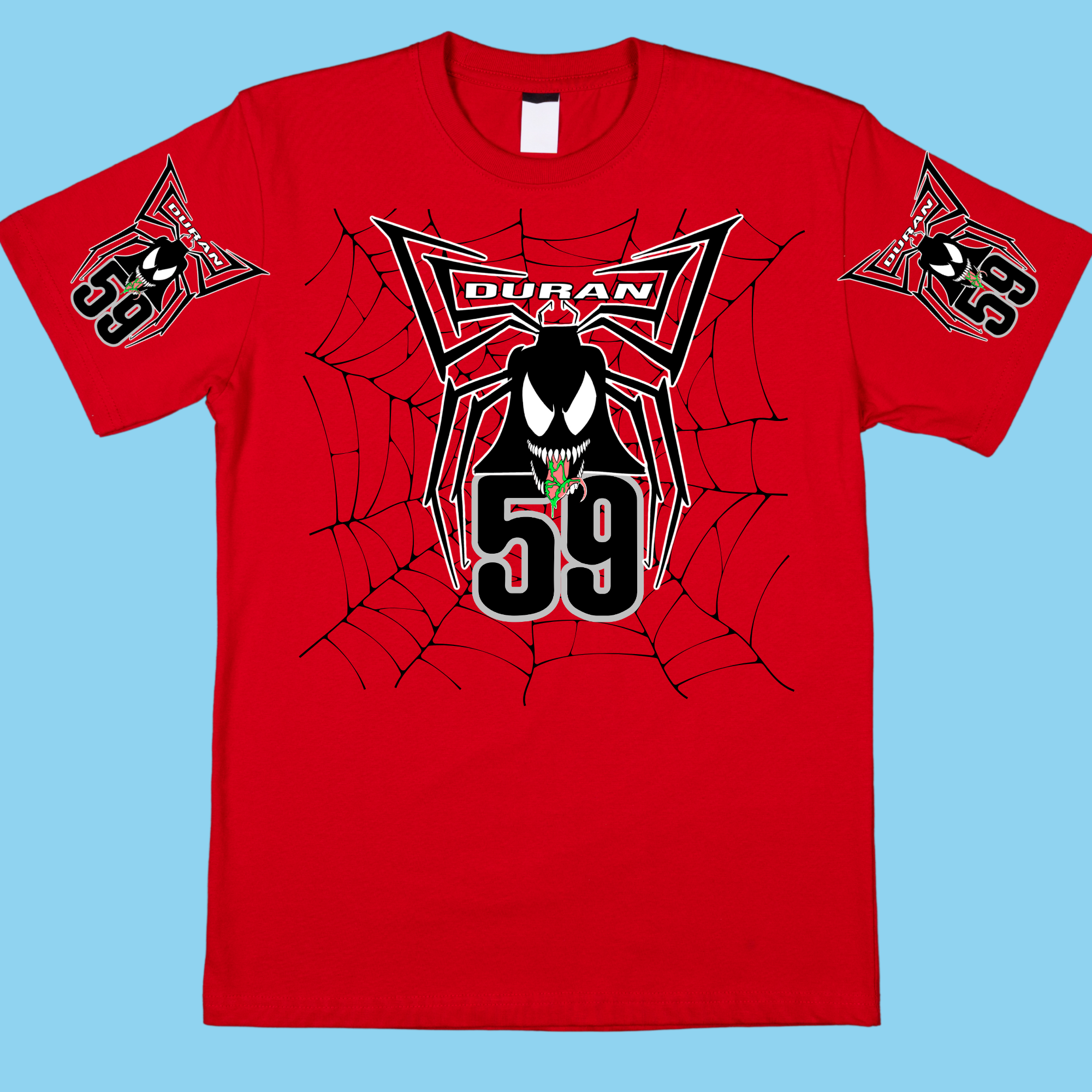 Red t-shirt with a graphic design featuring a spider and text on a blue background
