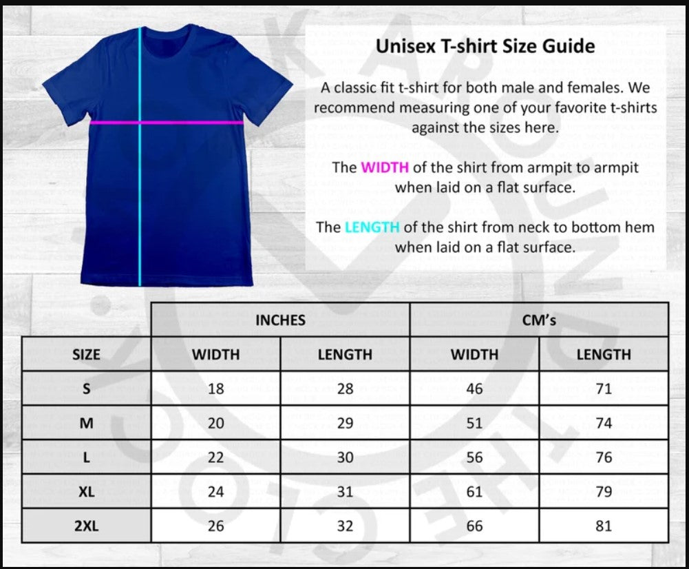 Unisex t-shirt size guide with blue shirt illustration and measurement details.