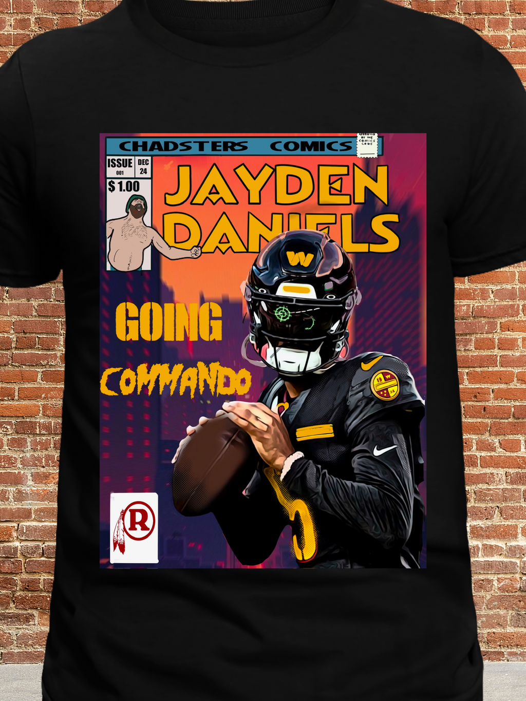 Black t-shirt featuring a bold comic book-style design with a fictional quarterback character in burgundy and gold gear, titled “Going Commando” by Chadsters Comics, appealing to Washington football fans with original fan art.
