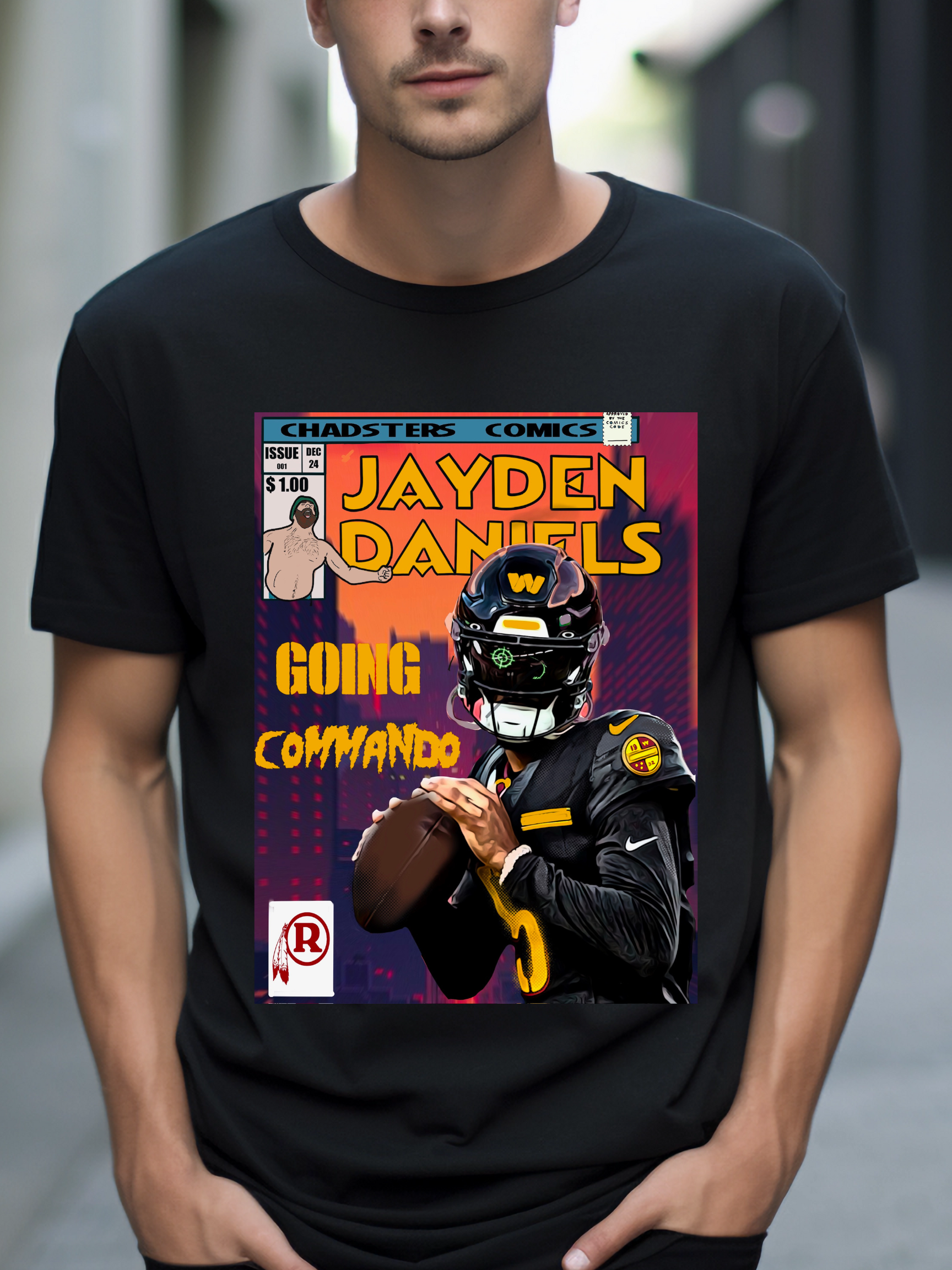 Black t-shirt featuring a bold comic book-style design with a fictional quarterback character in burgundy and gold gear, titled “Going Commando” by Chadsters Comics, appealing to Washington football fans with original fan art.