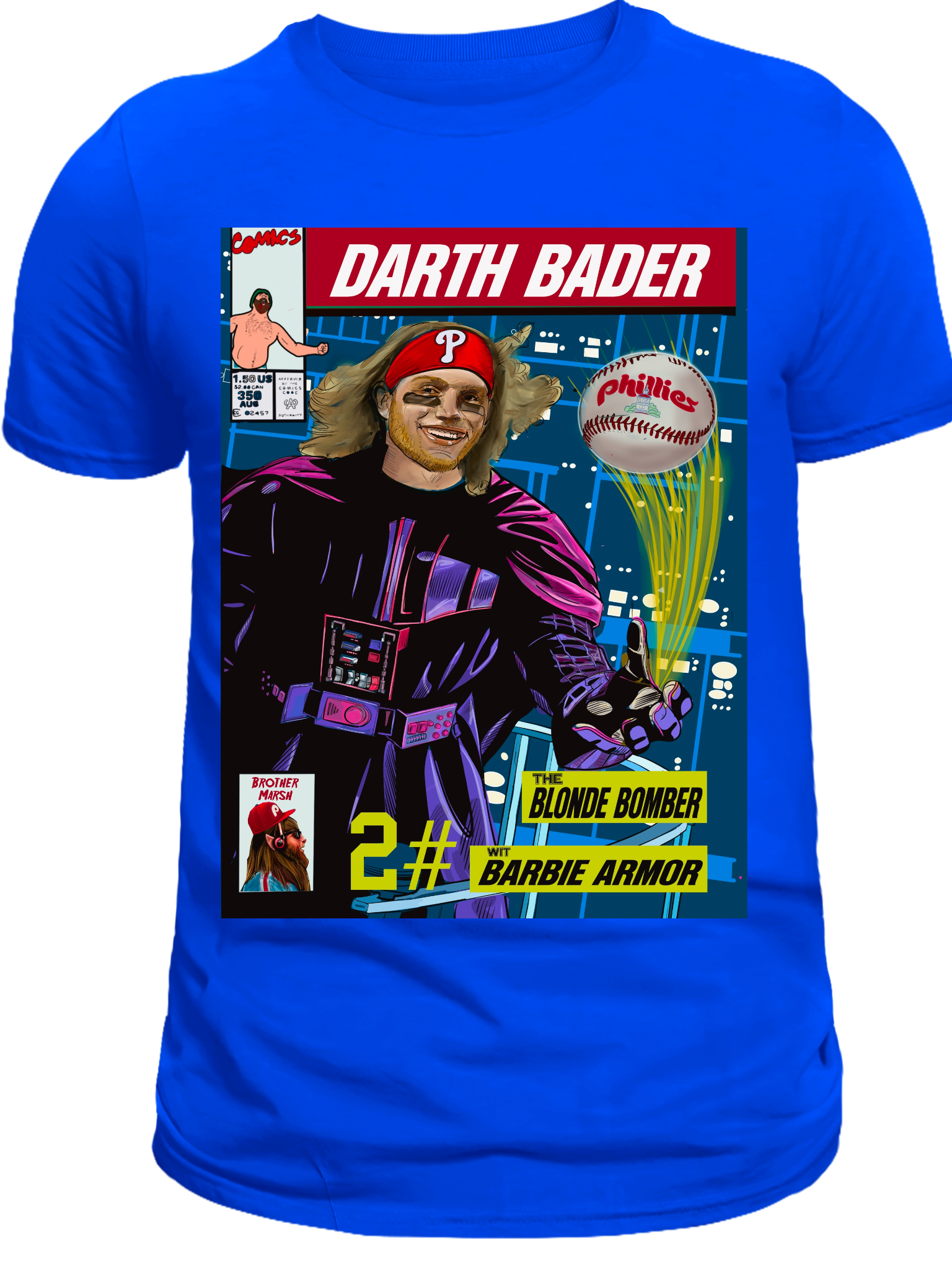 Blue t-shirt with a graphic design featuring a cbader of Phillies as Darth Bader