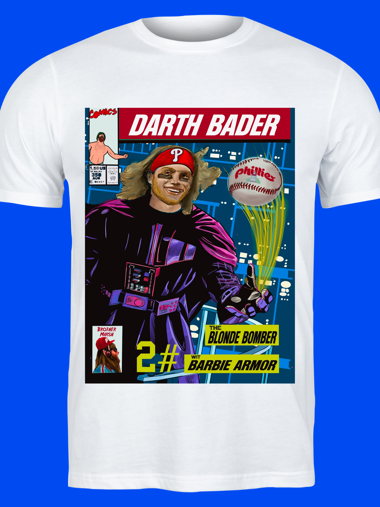 White t-shirt with a colorful graphic design featuring Bader of the Phillies  in a costume labeled 'Darth Bader' on a blue background.