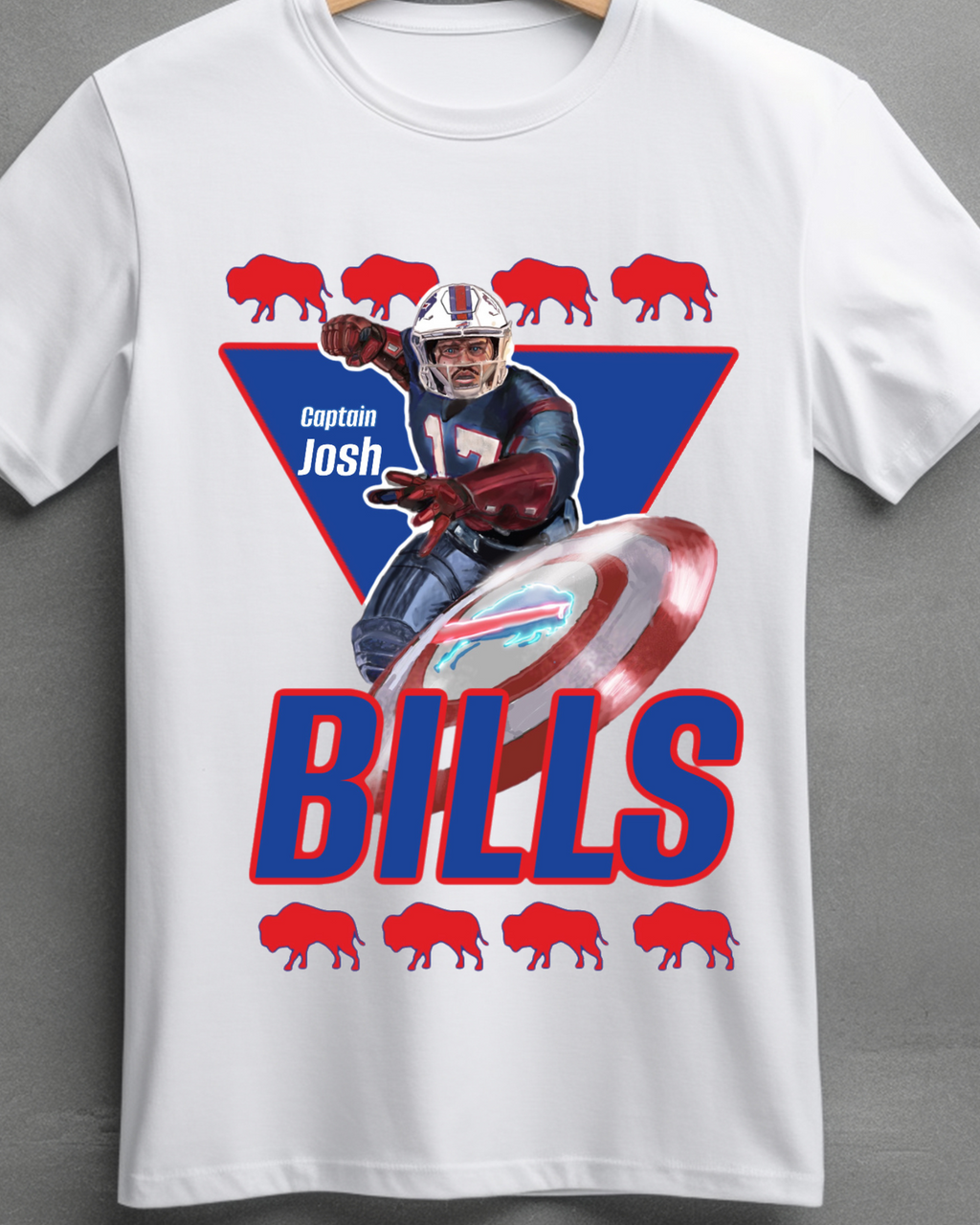 White T-shirt with Chadsters original artwork . DTG printed large wimage with Josh allen depicted as Captain America