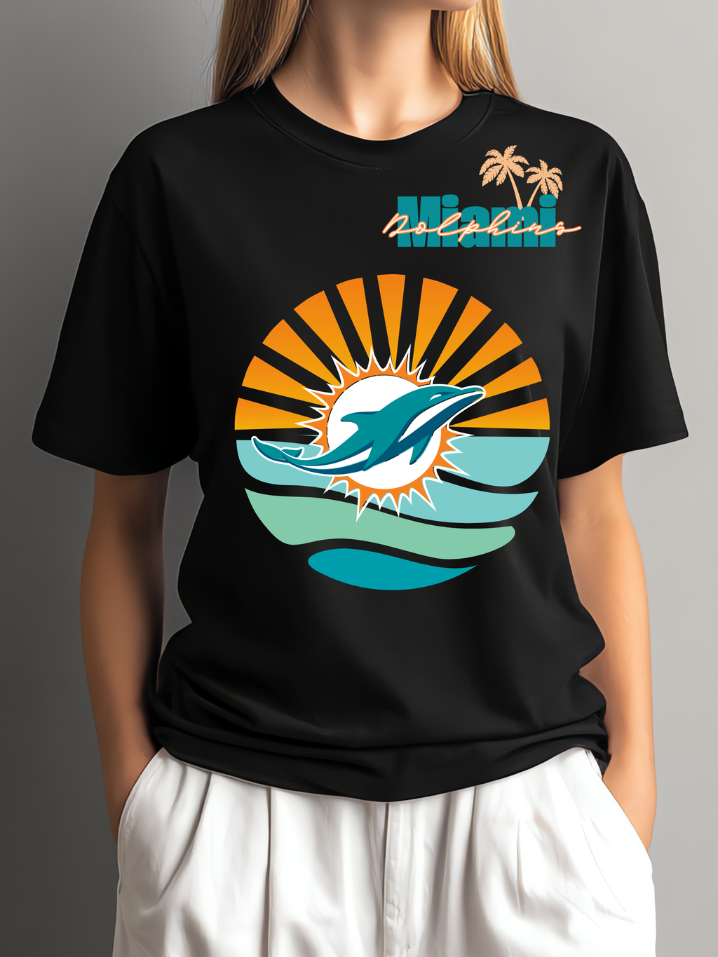 Miami Sunset Wave Tee – Retro Dolphin & Sunshine Graphic Shirt