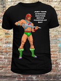 Illustration of a muscular cartoon character in green and red gear holding a sword, wearing a red baseball helmet with a 'P', on a black t-shirt with the phrase 'Just your average routine slugger at bat' – perfect for Philadelphia baseball fans
