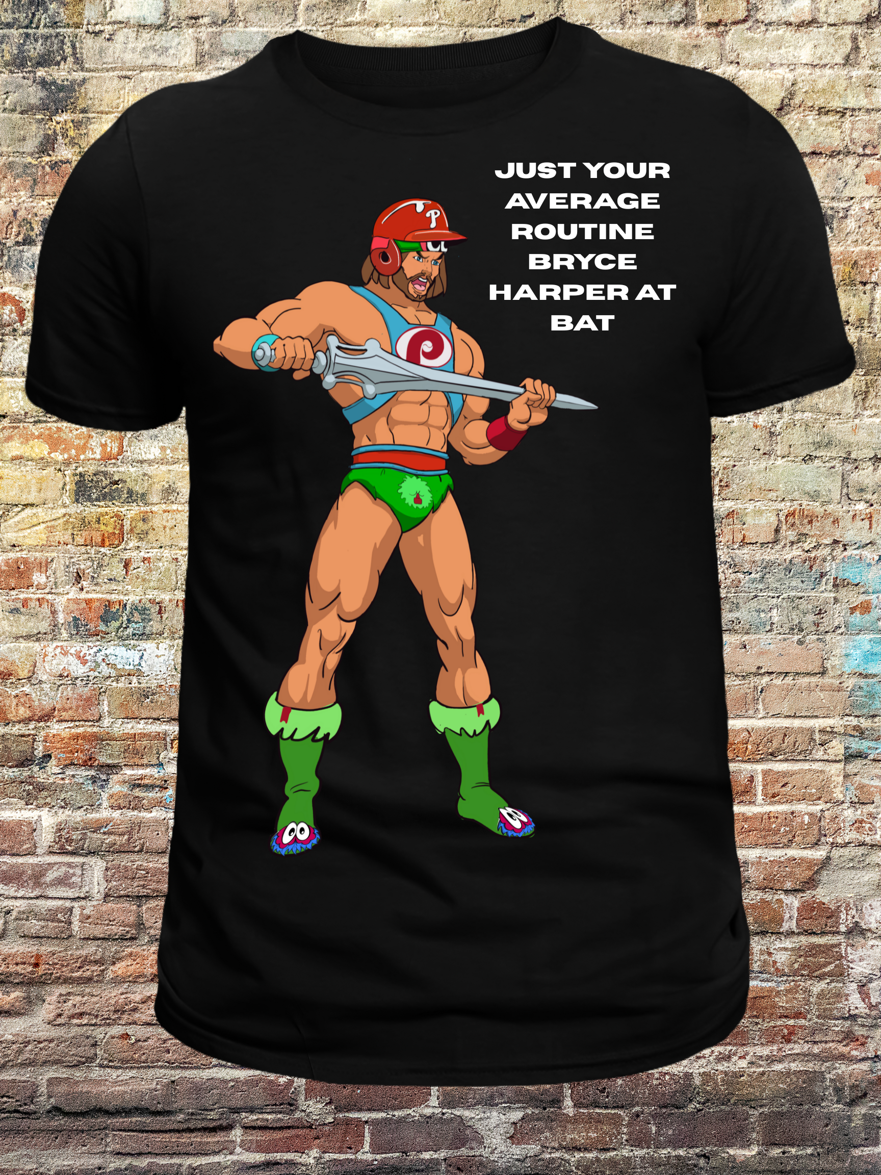 Illustration of a muscular cartoon character in green and red gear holding a sword, wearing a red baseball helmet with a 'P', on a black t-shirt with the phrase 'Just your average routine slugger at bat' – perfect for Philadelphia baseball fans