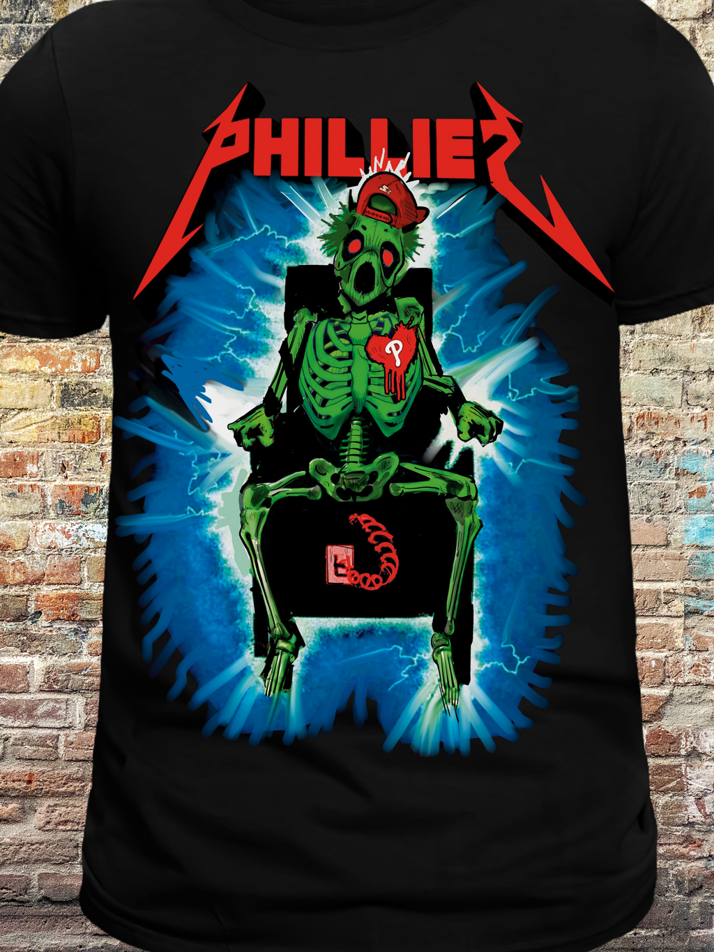 Bold black t-shirt featuring a neon green skeleton getting electrocuted in a chair, with a red "P" heart patch and backwards cap. Surrounded by blue lightning bolts and the word “PHILLIES” in a heavy metal-inspired font. Perfect for hardcore Philly baseball fanatics who love edgy fan gear.