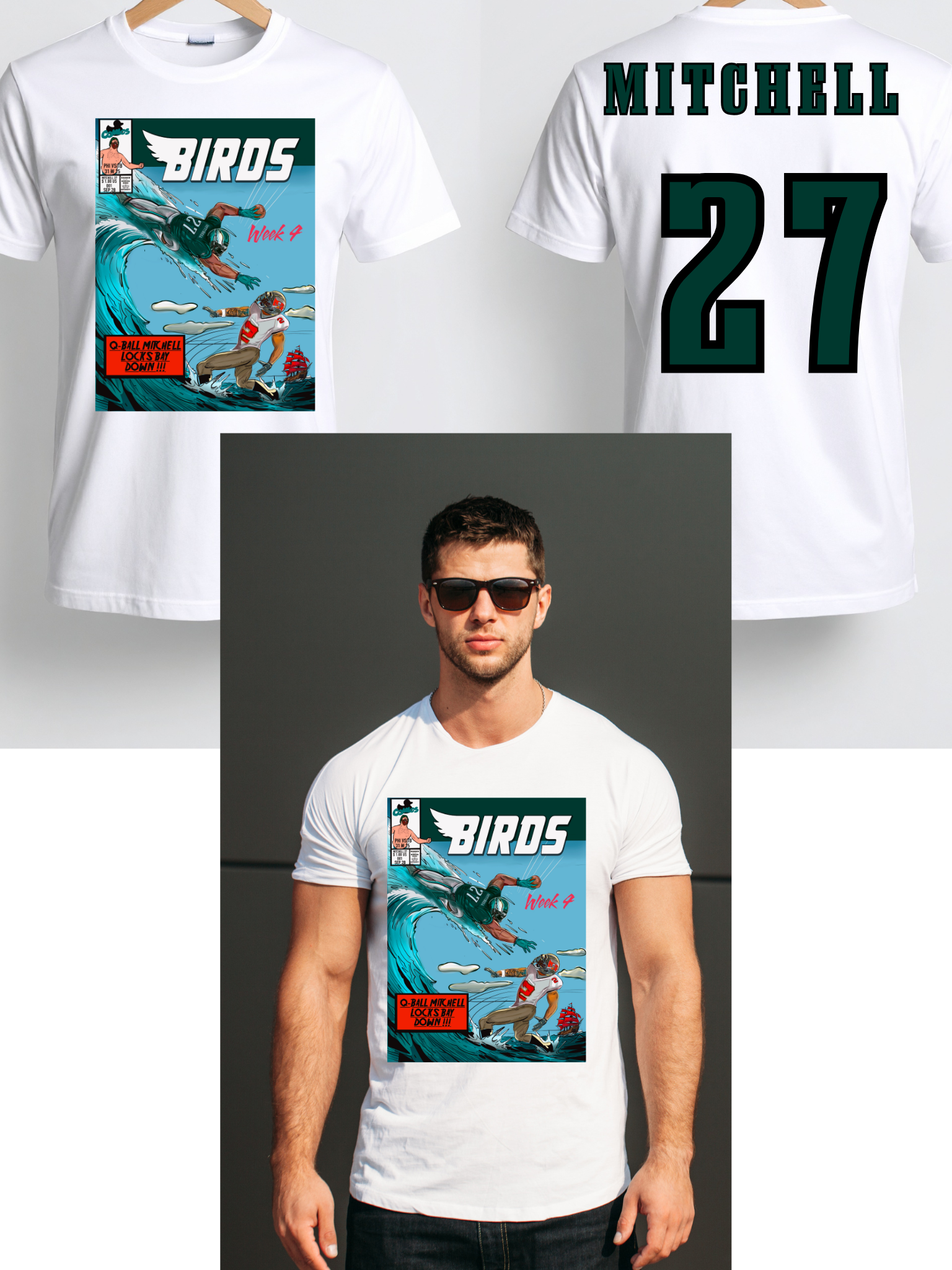 Two white t-shirts with graphic designs and text, one featuring a comic book-style design and the other with 'Mitchell' and number '27'. A person wearing the comic book-style t-shirt is also shown.