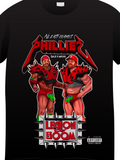 Black t-shirt with graphic design of two muscular figures, text, and a logo on a black background.