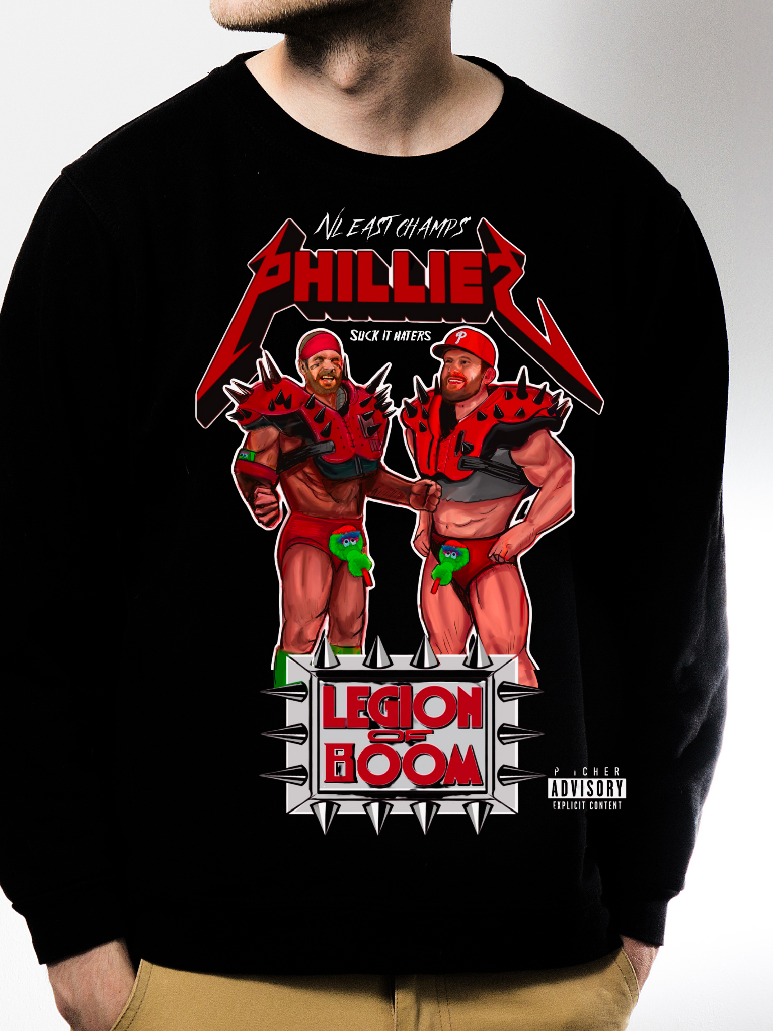 Black sweatshirt with graphic design of two muscular figures resembling bryce harper and Kyle Schwarber and text on a white background