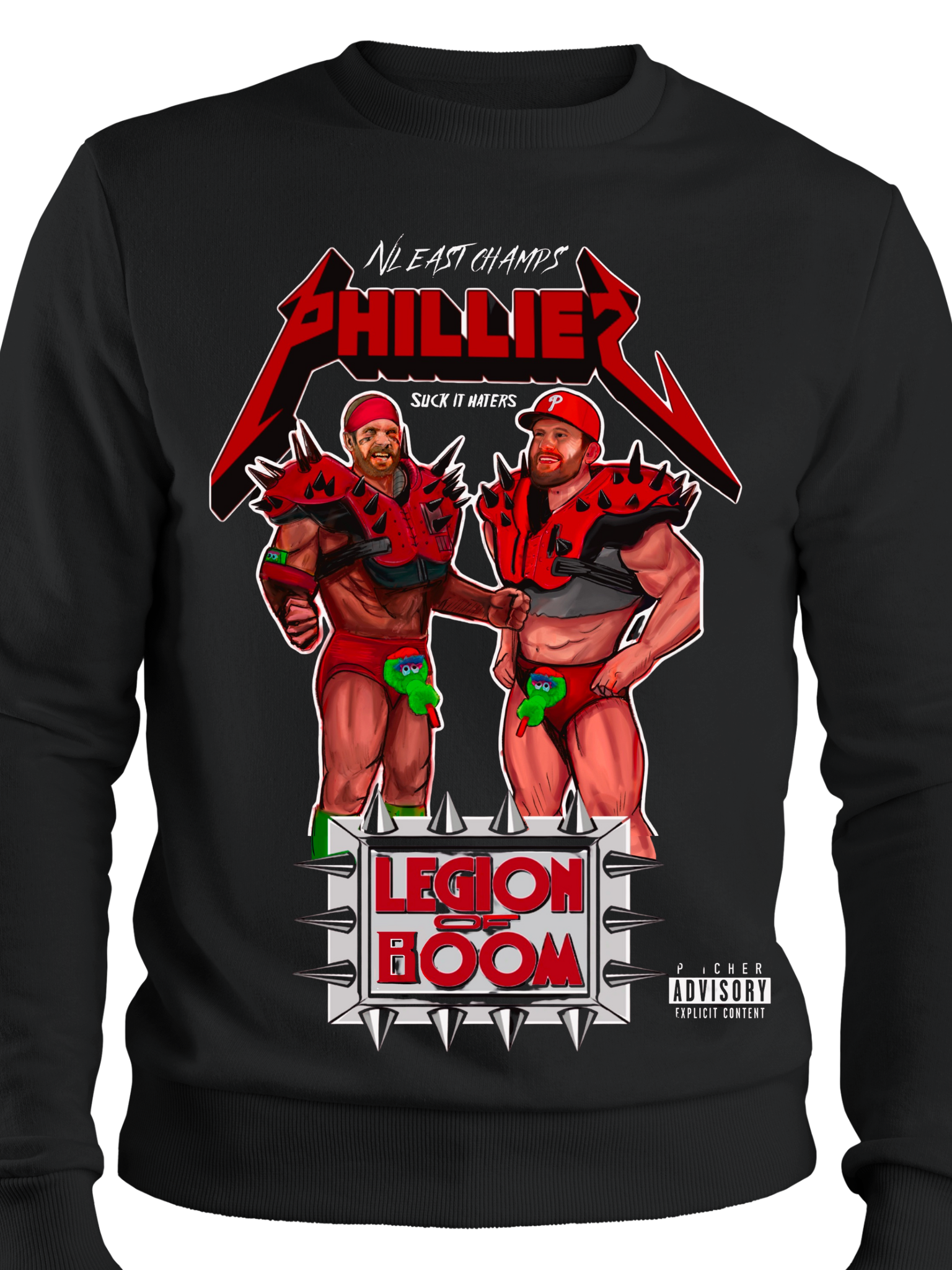 Black sweatshirt with graphic design of two muscular figures and text on a white background NL East Champs