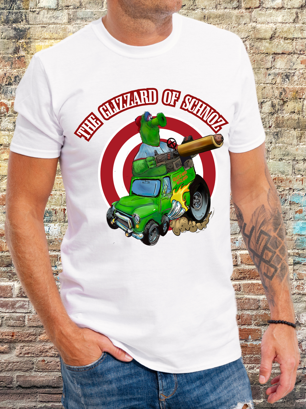 Philly-inspired cartoon green mascot driving a monster Hot Dog cannon truck with cannon, parody baseball fan art tee on white shirt
