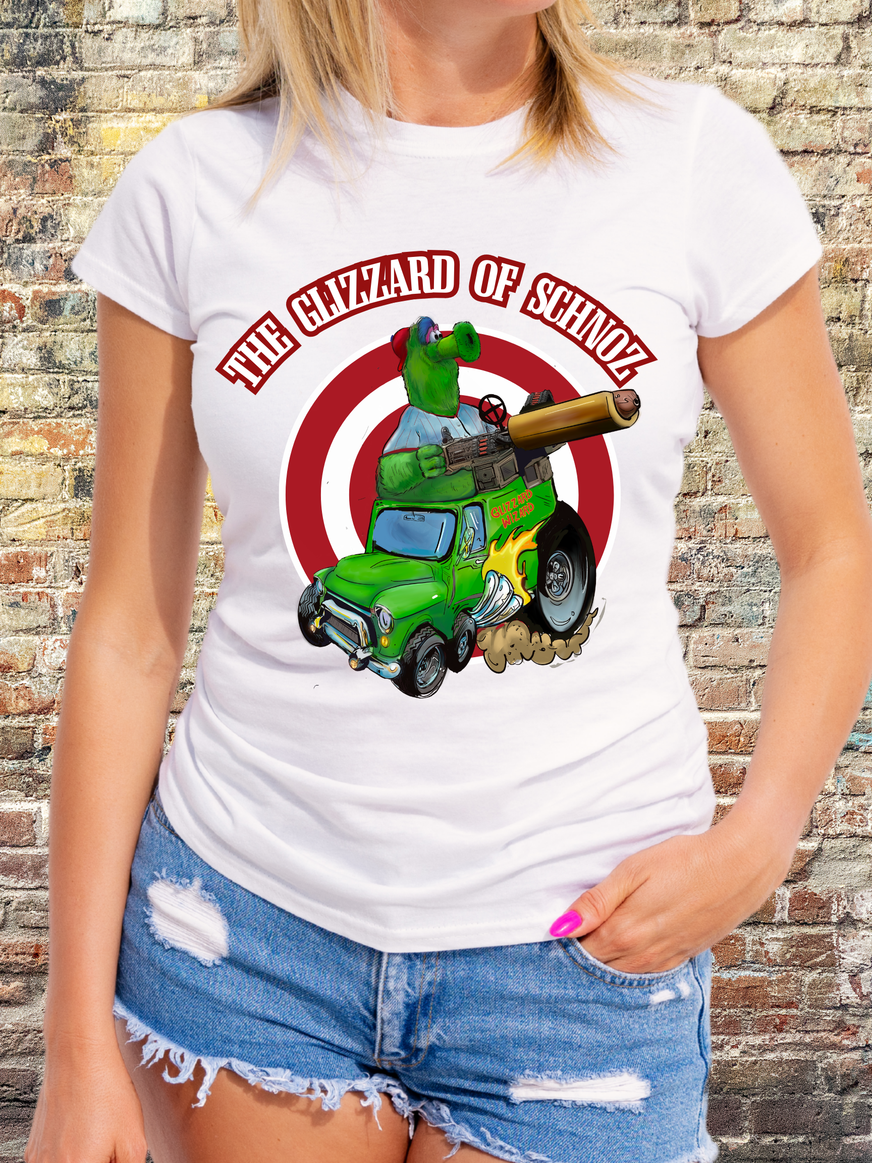 Philly-inspired cartoon green mascot driving a monster Hot Dog truck with cannon, parody baseball fan art tee on white shirt