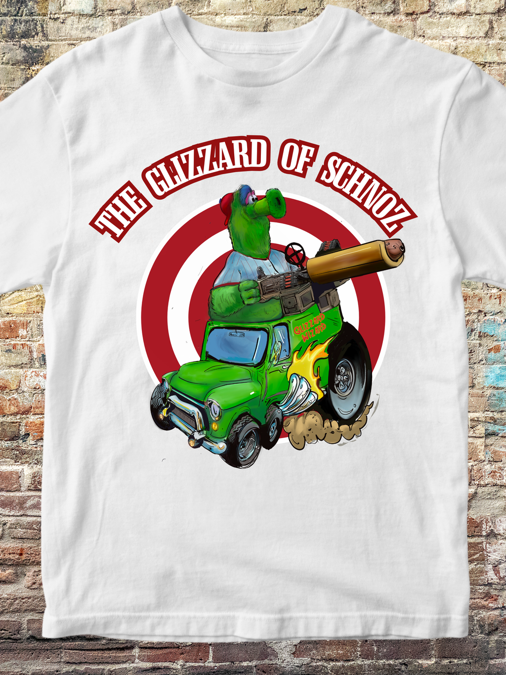 Philly-inspired cartoon green mascot driving a monster Hot dog truck with cannon, parody baseball fan art tee on white shirt