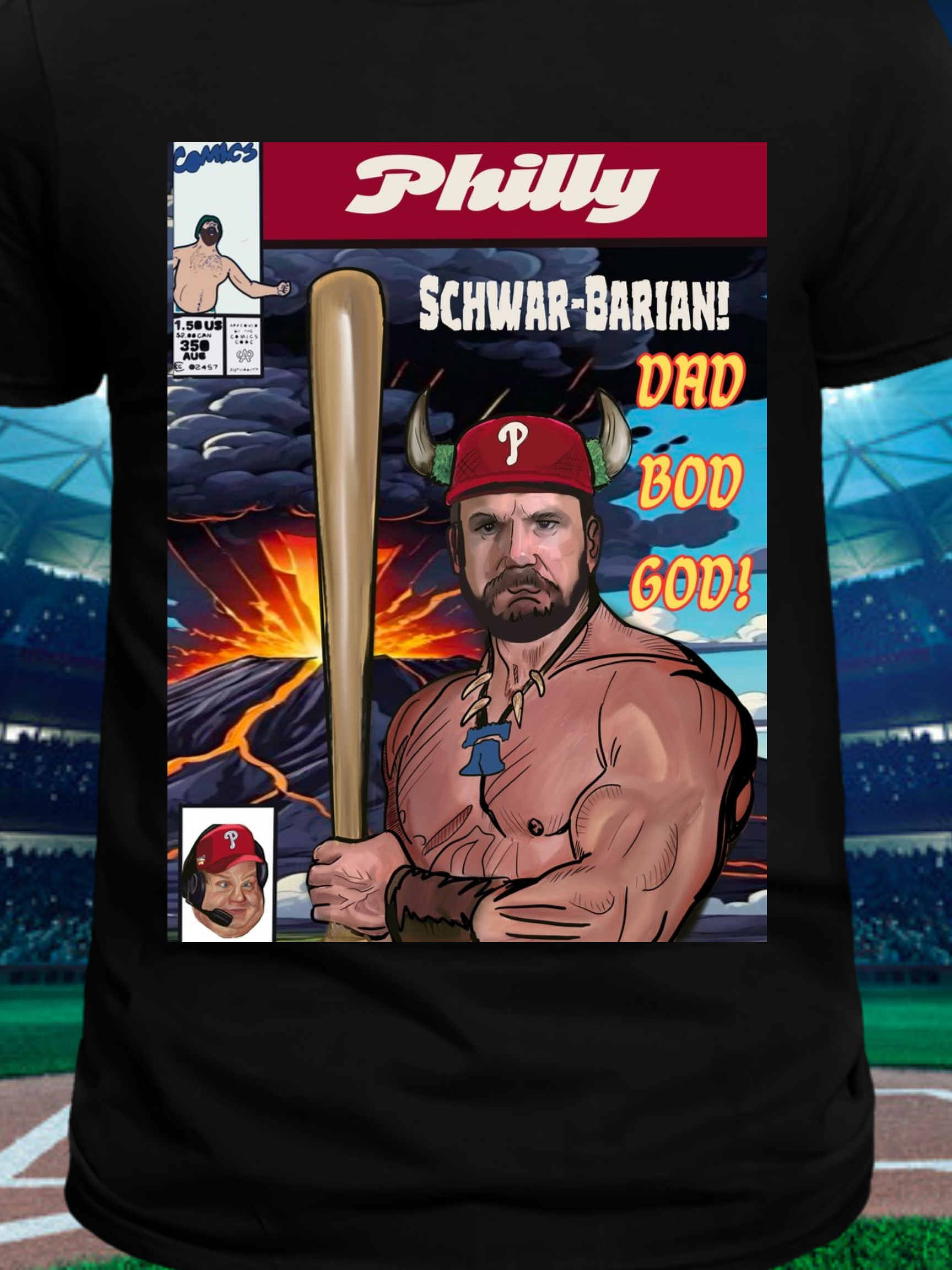 Illustrated graphic t-shirt featuring a muscular, Viking-style baseball player with a red cap, wielding a bat against a fiery volcanic background, with comic-style text reading "Schwar-Barian!" and "Dad Bod God!"
