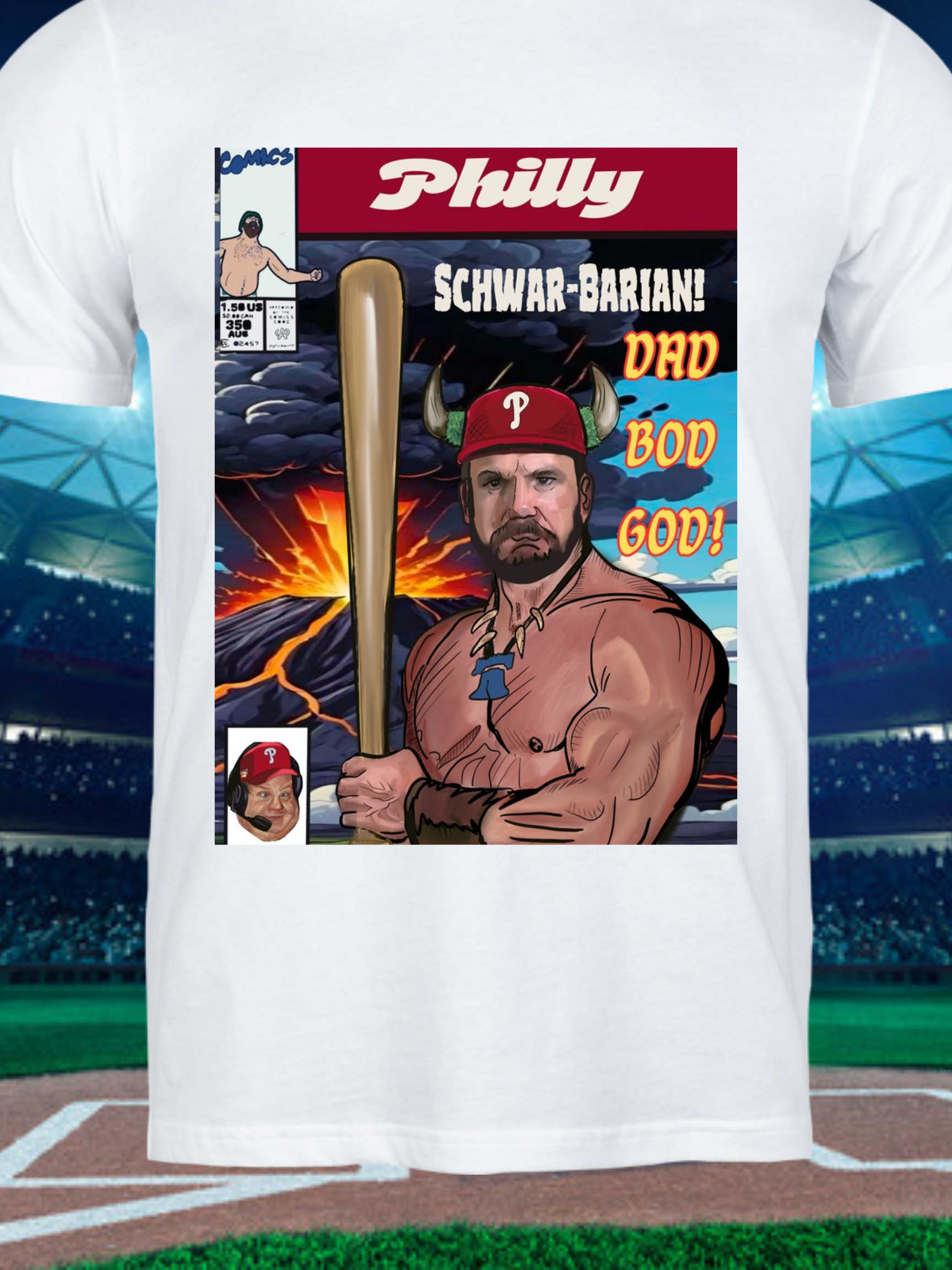 Illustrated graphic t-shirt featuring a muscular, Viking-style baseball player with a red cap, wielding a bat against a fiery volcanic background, with comic-style text reading "Schwar-Barian!" and "Dad Bod God!"