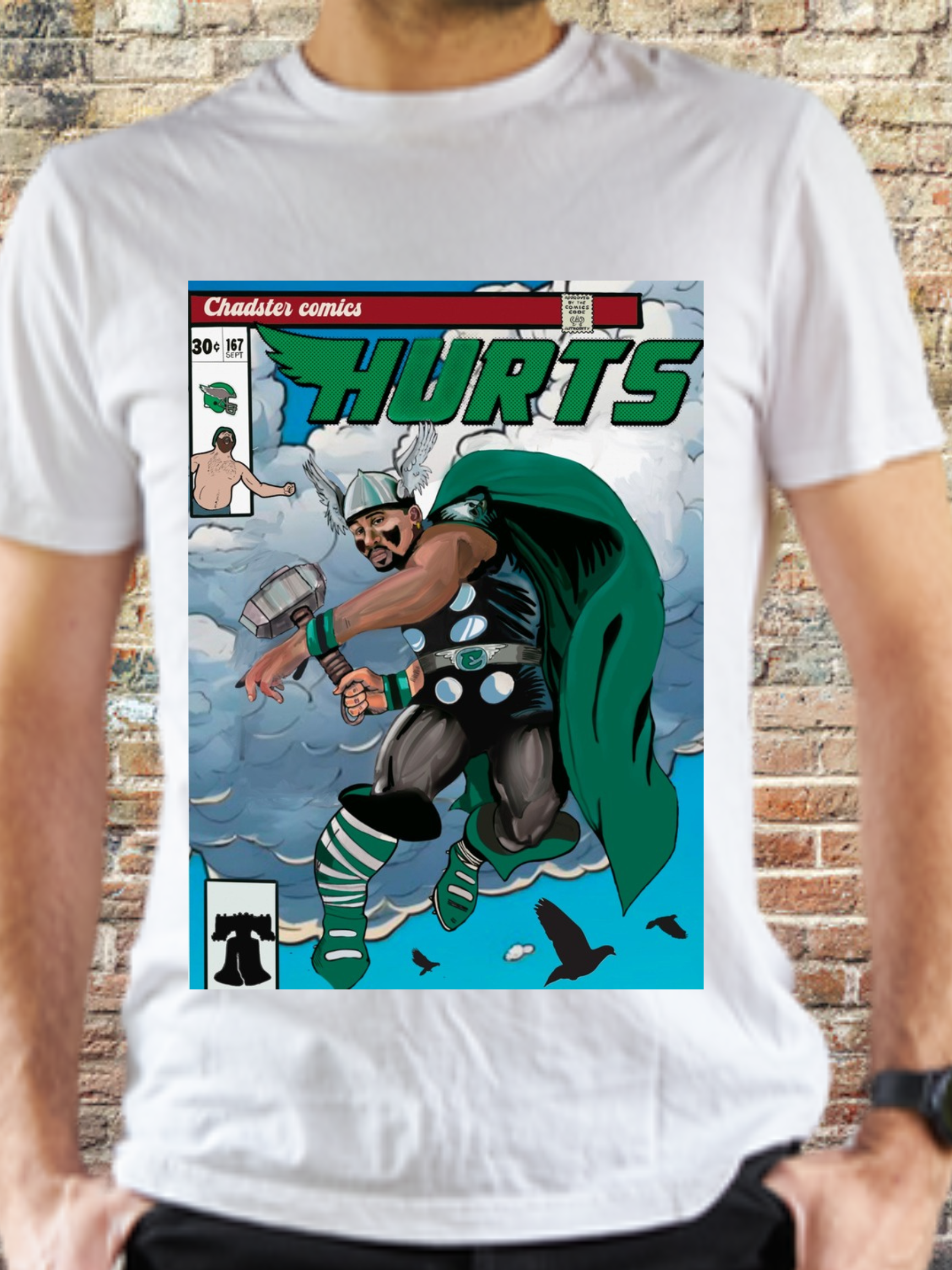 Vintage comic-style Philly quarterback superhero t-shirt for football fans