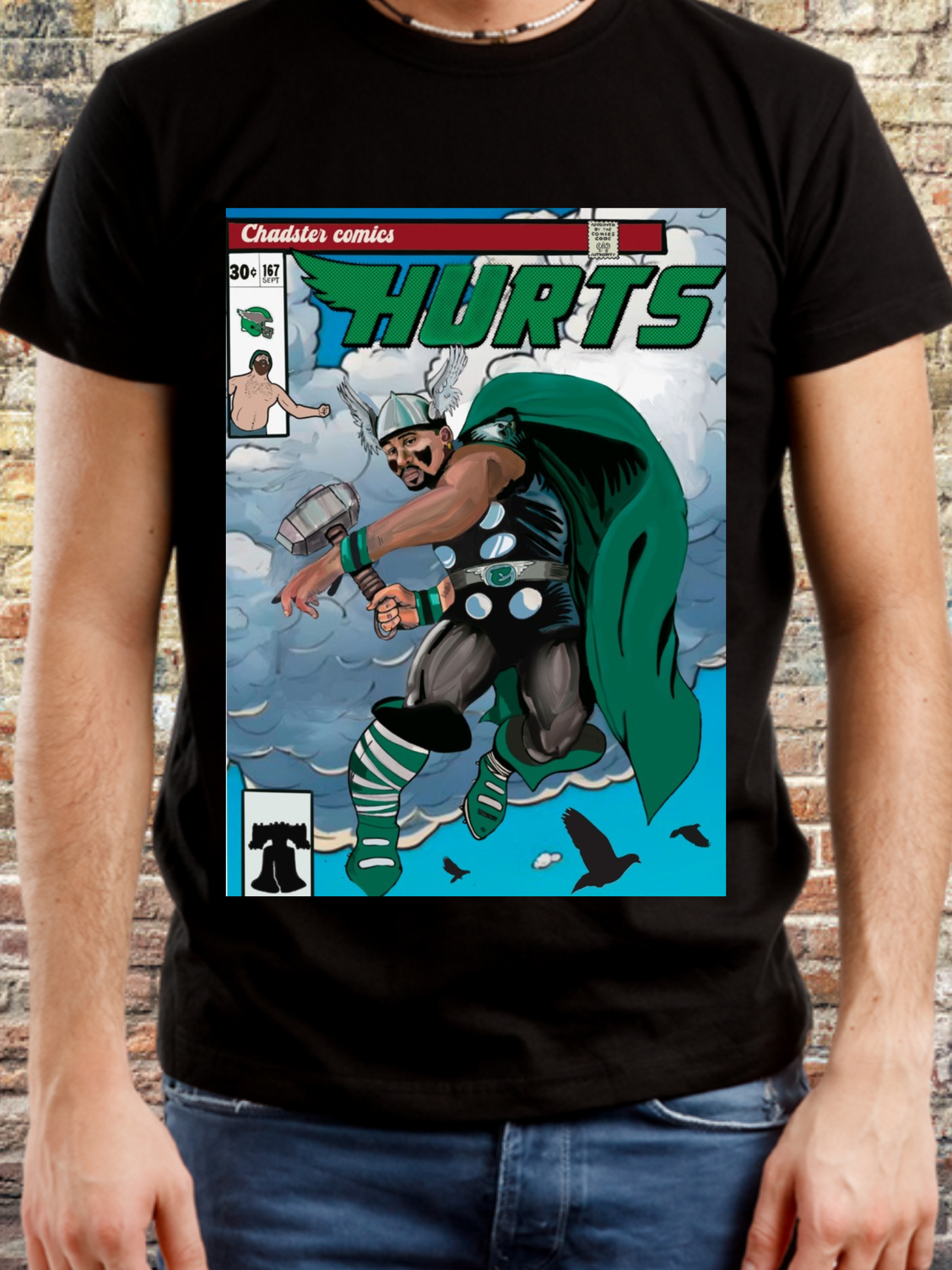 Vintage comic-style Philly quarterback superhero t-shirt for football fans black