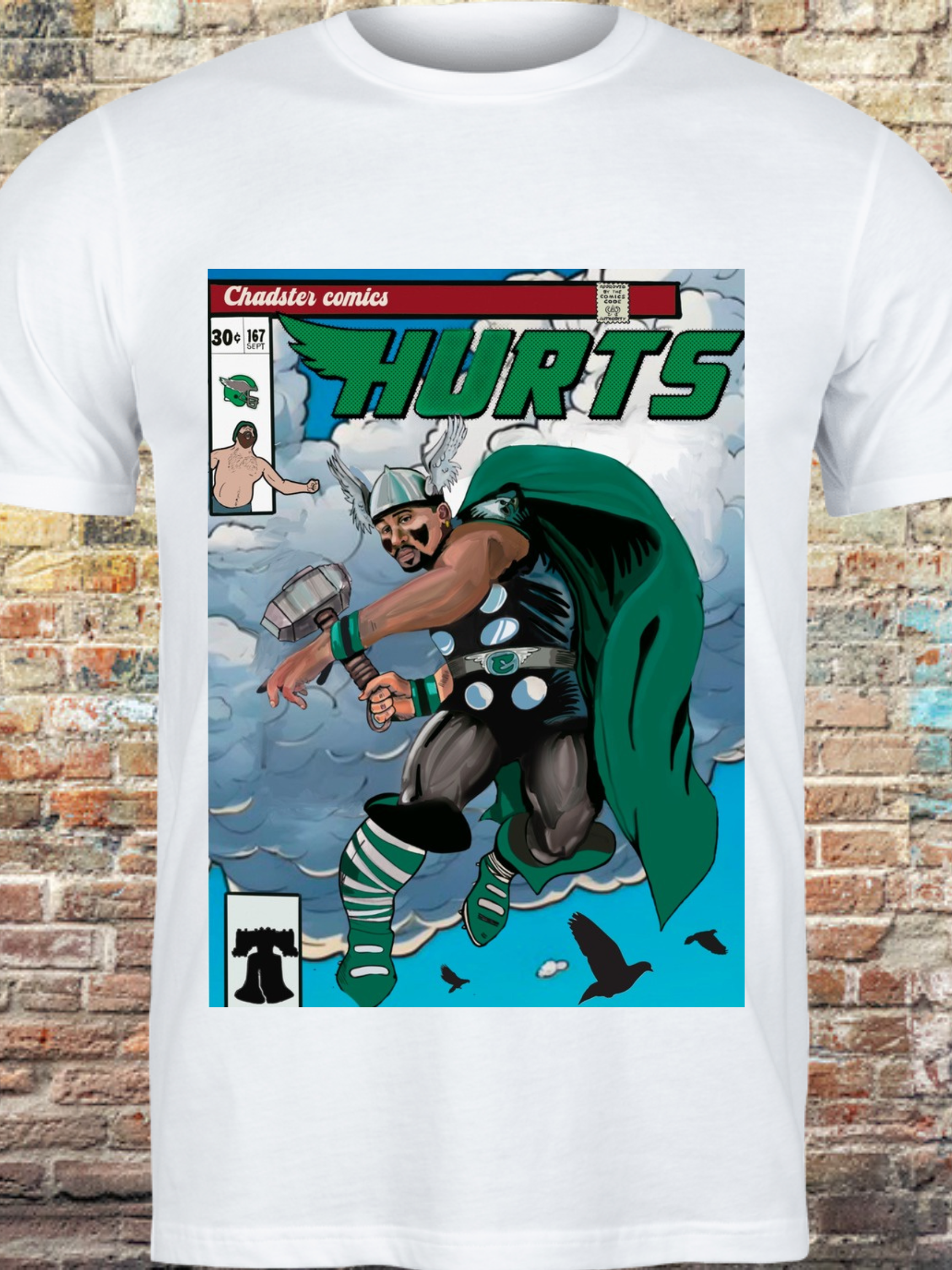 Vintage comic-style Philly quarterback superhero t-shirt for football fans