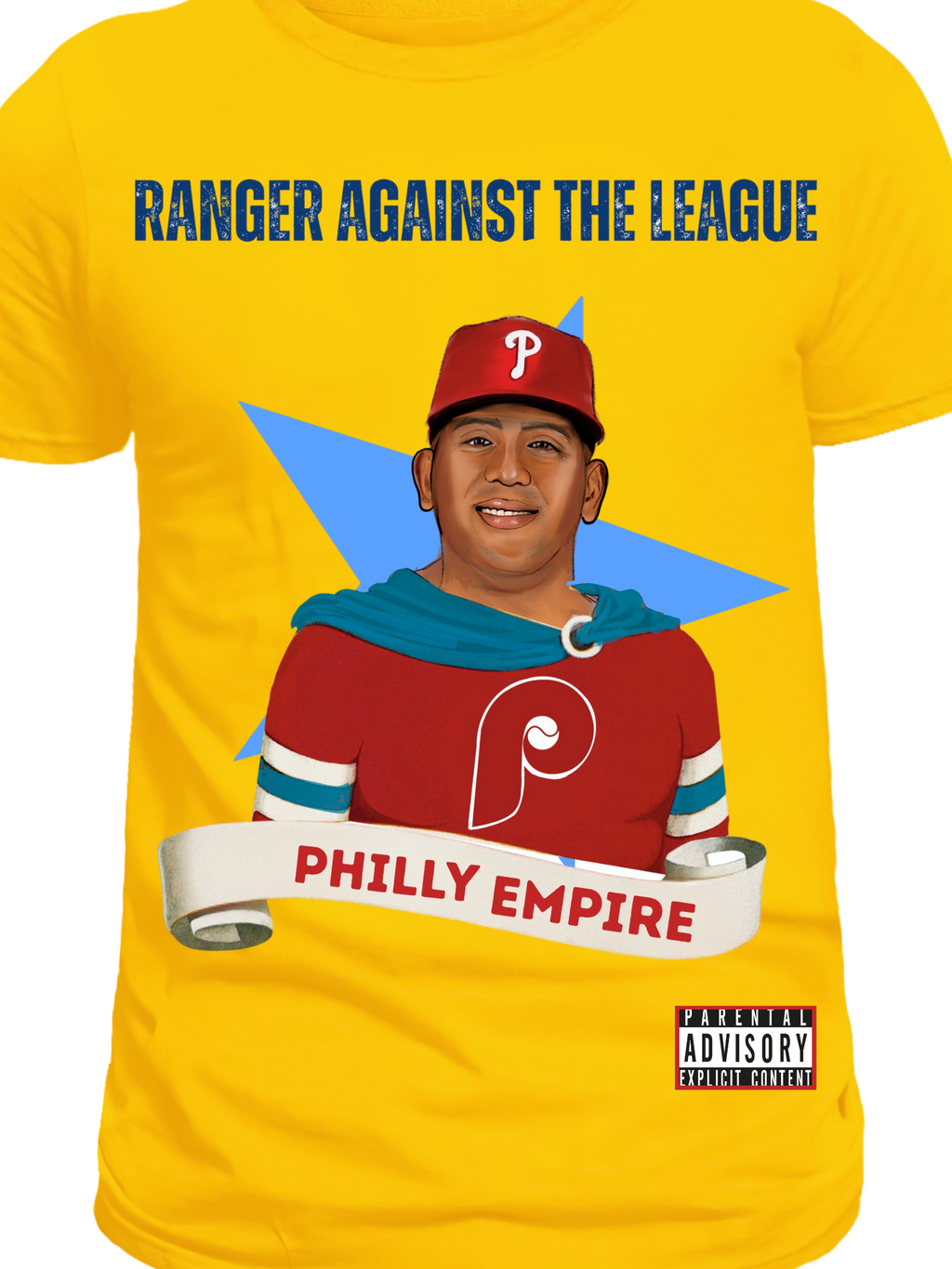 Yellow t-shirt with Ranger suarez of the phillies on the front just like rage agaist the machine album cover