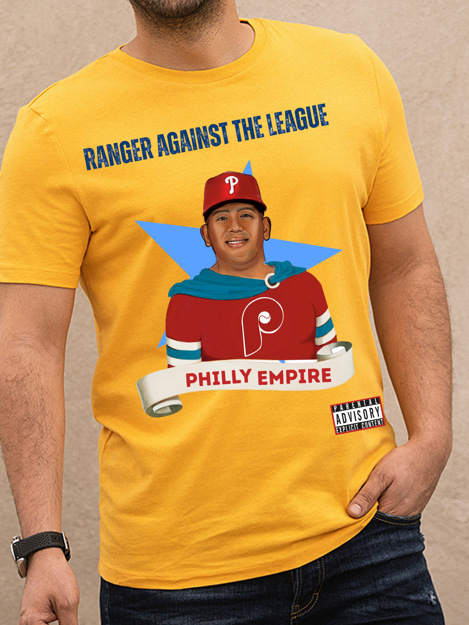 Yellow t-shirt with a graphic of a person wearing a red sports jersey and text 'Ranger Against the League' and 'Philly Empire'.