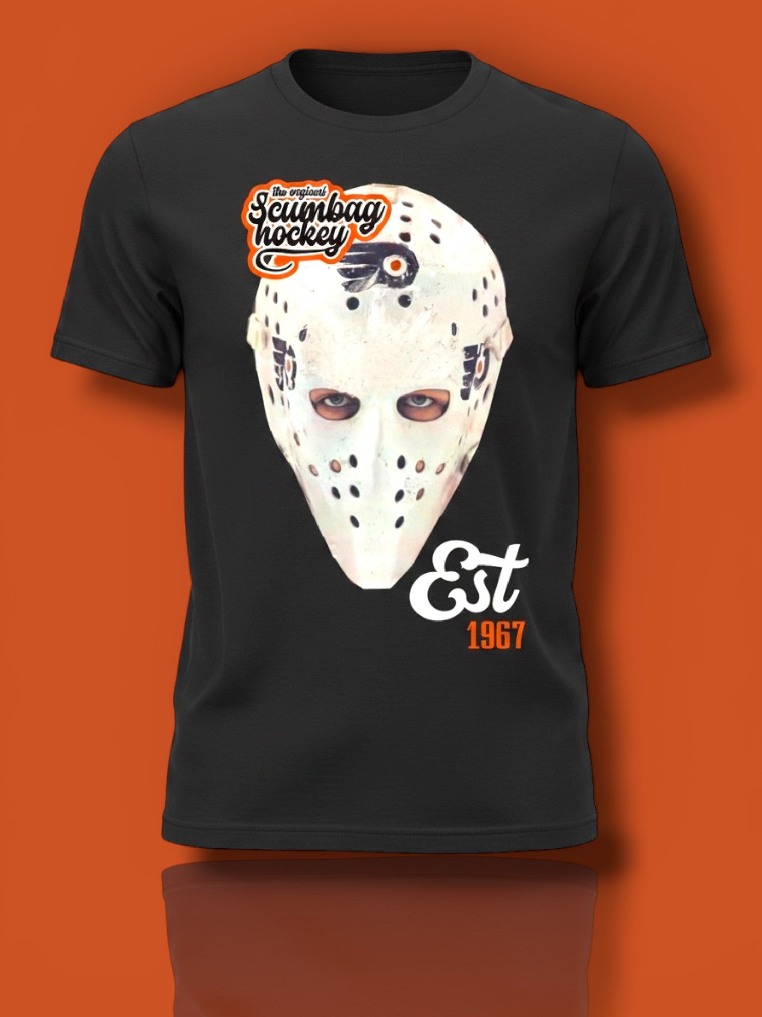 Black t-shirt with hockey mask graphic and text on an orange background