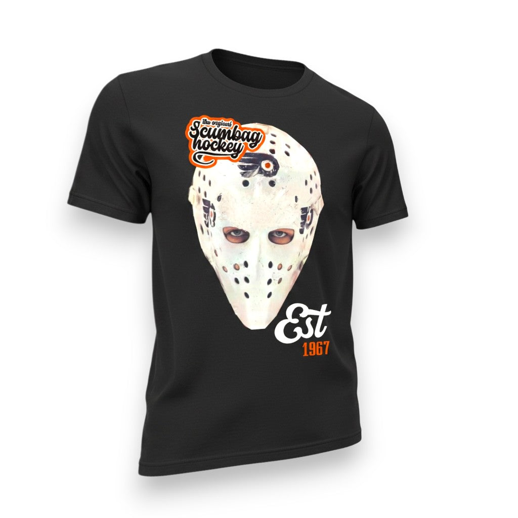 Black t-shirt with a hockey mask graphic and text on a white background