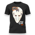 Black t-shirt with hockey goalie mask graphic and text on a white background