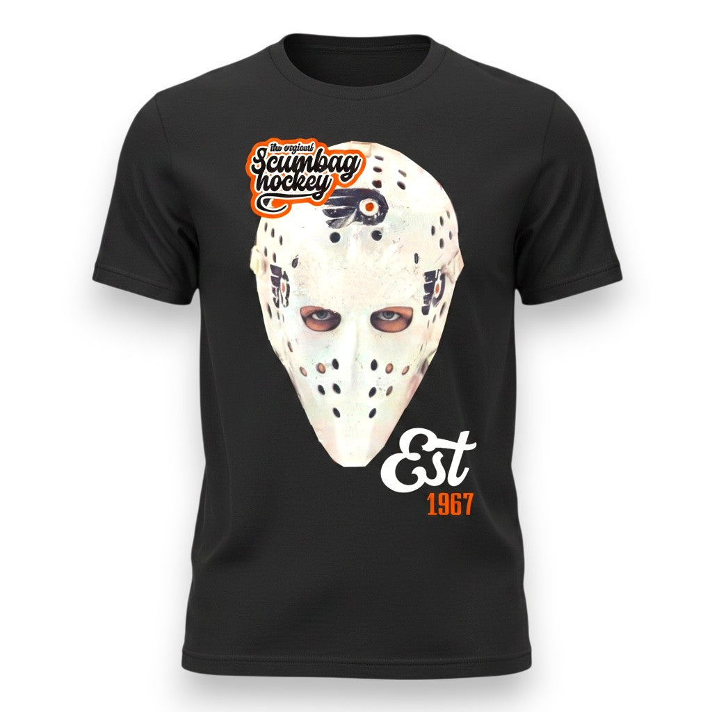 Black t-shirt with hockey goalie mask graphic and text on a white background