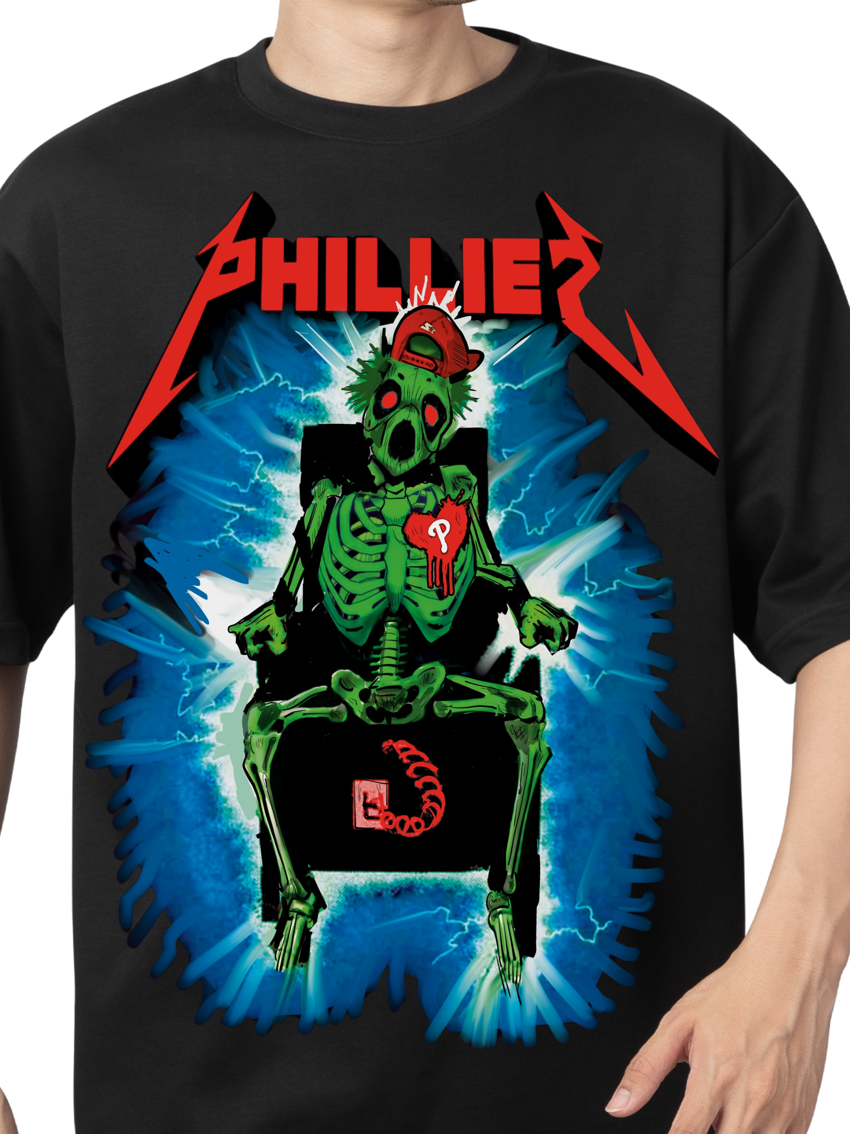 Bold black t-shirt featuring a neon green skeleton getting electrocuted in a chair, with a red "P" heart patch and backwards cap. Surrounded by blue lightning bolts and the word “PHILLIES” in a heavy metal-inspired font. Perfect for hardcore Philly baseball fanatics who love edgy fan gear.