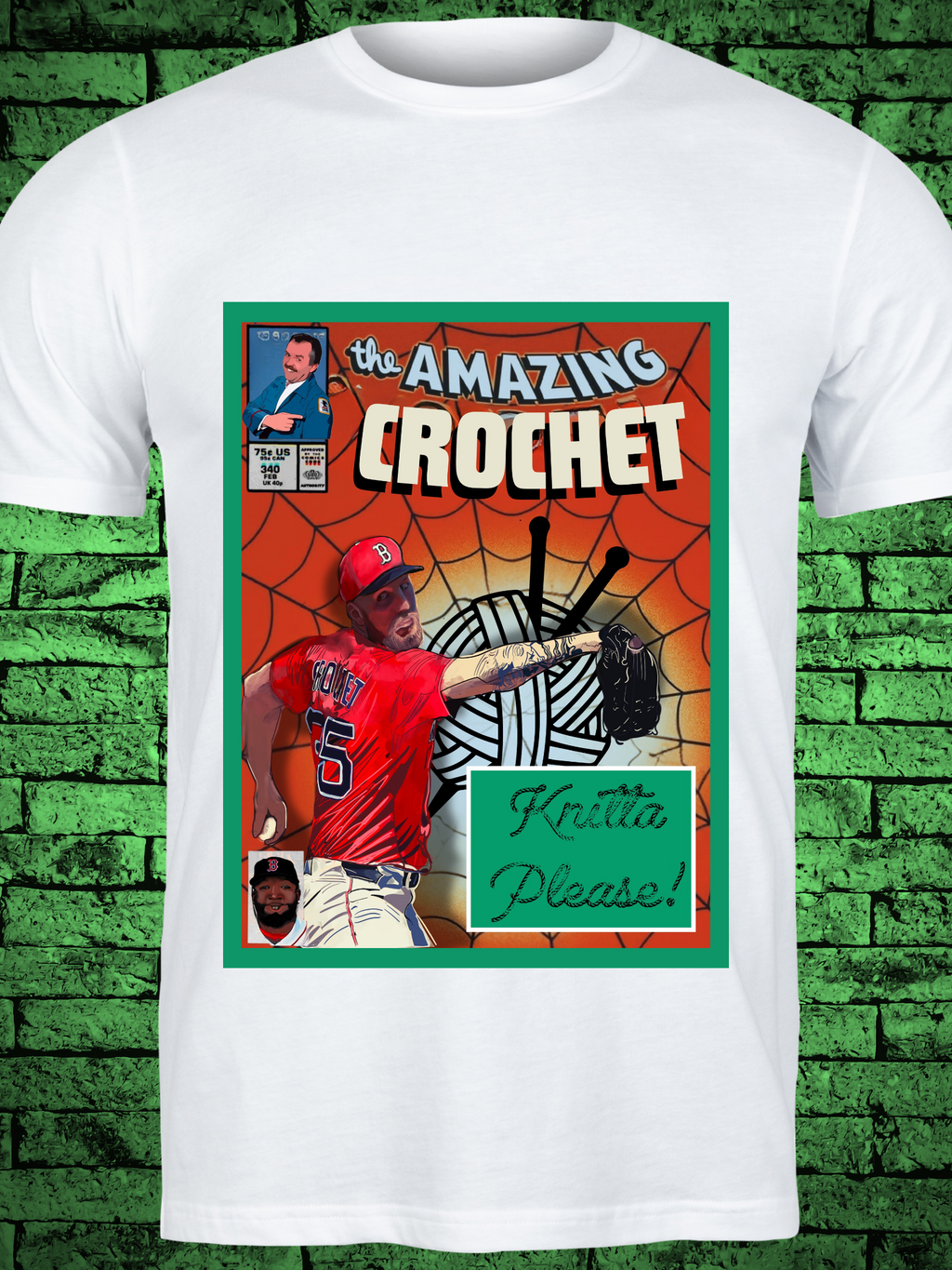 White t-shirt featuring a comic book-style design titled "The Amazing Crochet," showcasing a baseball player in a red jersey with the name "Crochet" and number 5, pitching in front of a yarn ball and crochet hooks with the phrase “Knitta Please!”