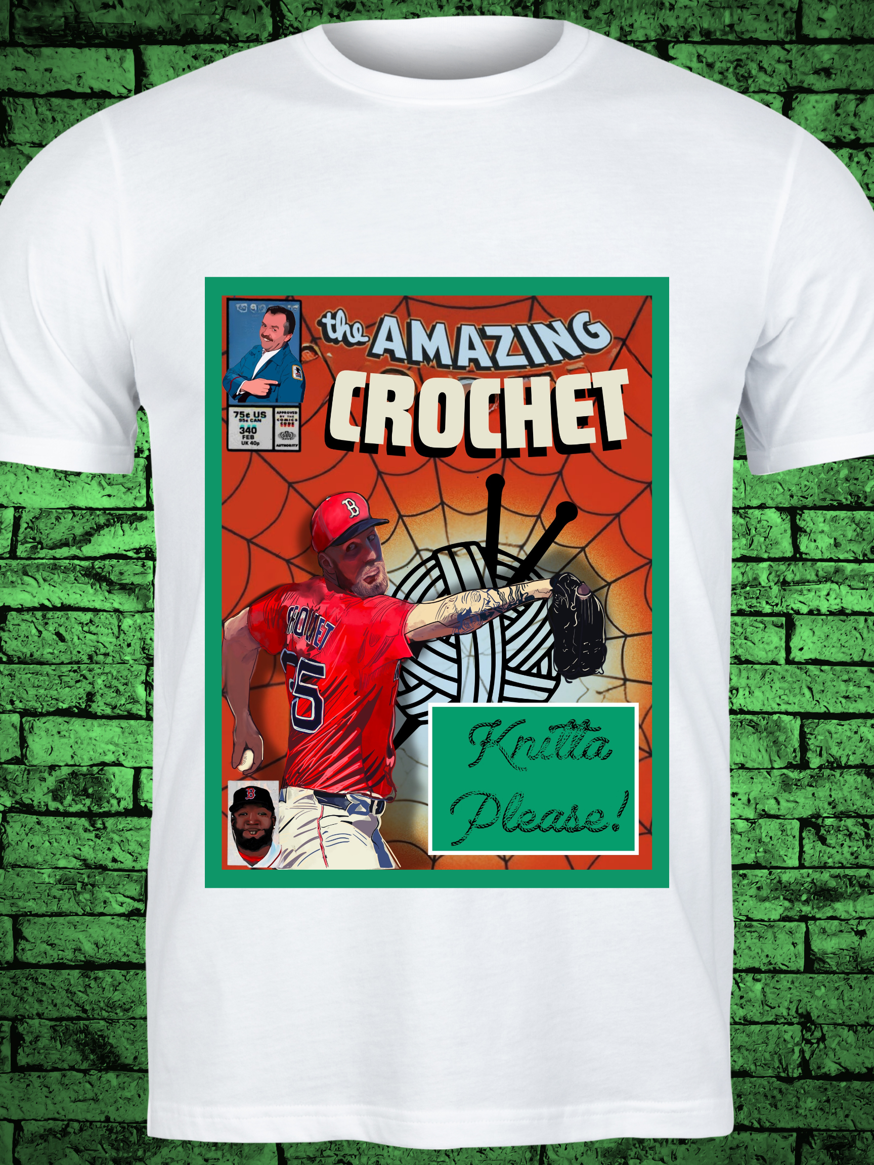 White t-shirt featuring a comic book-style design titled "The Amazing Crochet," showcasing a baseball player in a red jersey with the name "Crochet" and number 5, pitching in front of a yarn ball and crochet hooks with the phrase “Knitta Please!”