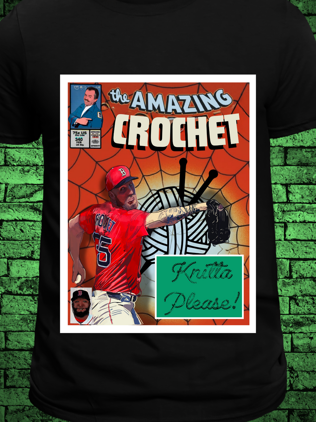 Blackt-shirt featuring a comic book-style design titled "The Amazing Crochet," showcasing a baseball player in a red jersey with the name "Crochet" and number 5, pitching in front of a yarn ball and crochet hooks with the phrase “Knitta Please!”