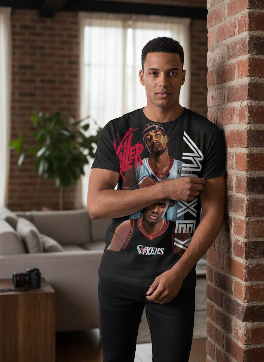 Black graphic t-shirt featuring illustrated portraits of Tyrese Maxey in Philadelphia Sixers jersey with “Killer” and “No More Mr. Nice Guy” text, bold street-style design for basketball fans.