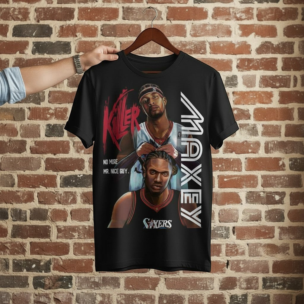 Chadsters black cotton t-shirt with a graphic print of Philadelphia Sixers players Maxey and Iverson, featuring red "KILLER" text and vertical "MAXEY" lettering.