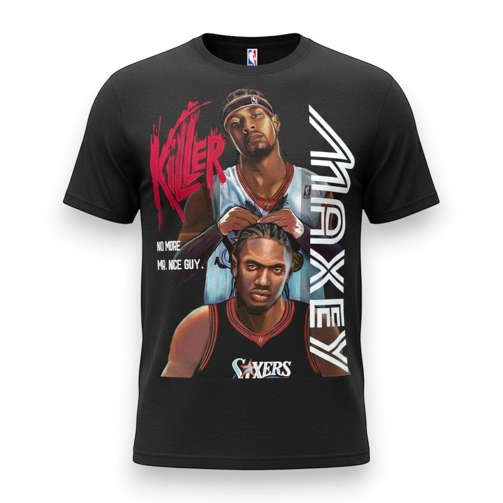 Black graphic t-shirt featuring illustrated portraits of Tyrese Maxey in Philadelphia Sixers jersey with “Killer” and “No More Mr. Nice Guy” text, bold street-style design for basketball fans.
