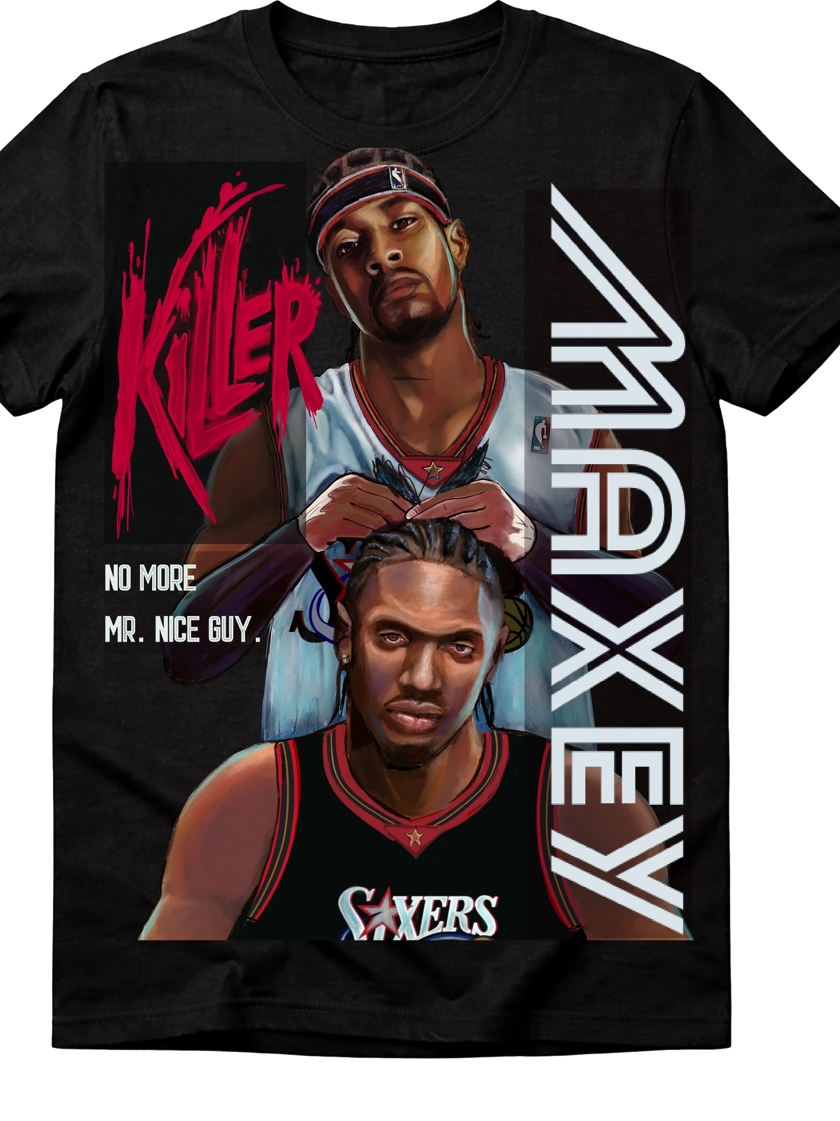 Black graphic t-shirt featuring illustrated portraits of Tyrese Maxey in Philadelphia Sixers jersey with “Killer” and “No More Mr. Nice Guy” text, bold street-style design for basketball fans.