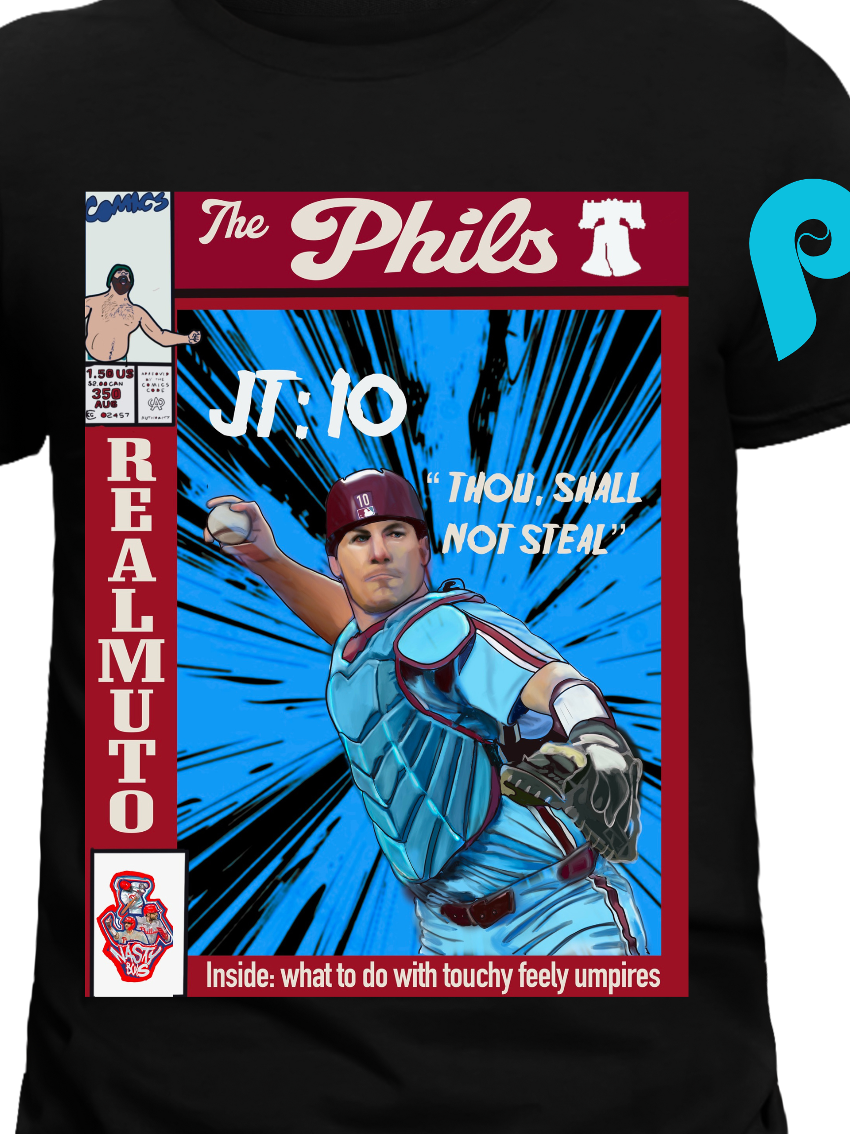 Illustrated comic-style baseball catcher in action on a custom t-shirt, with bold colors and humorous captions