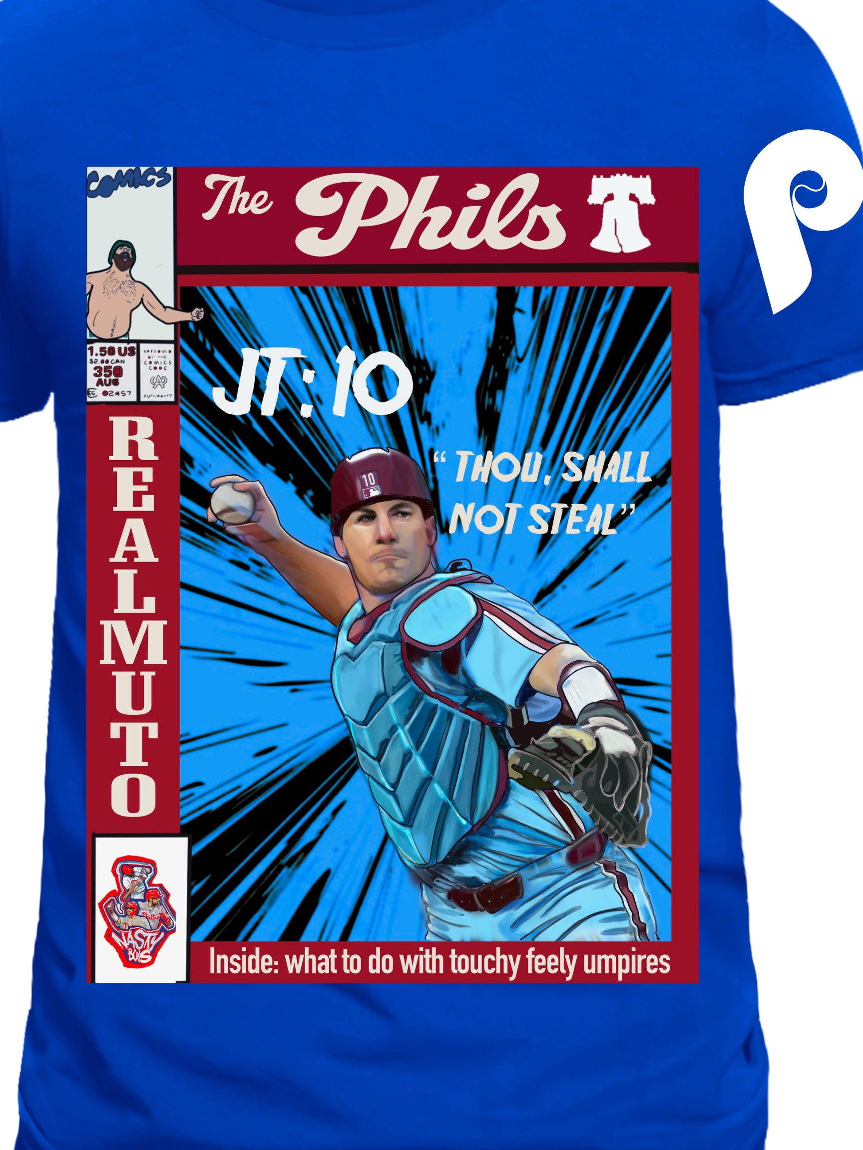 Illustrated comic-style baseball catcher in action on a custom t-shirt, with bold colors and humorous captions