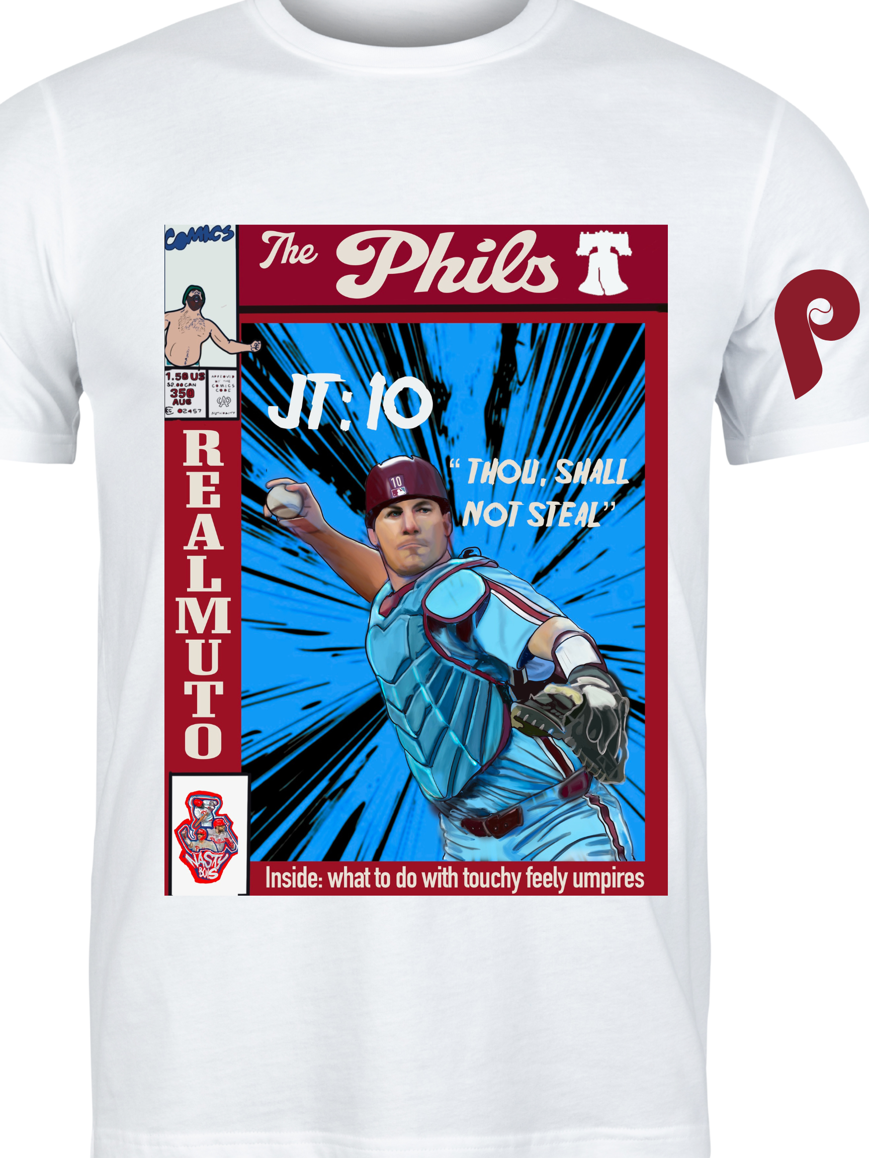 Illustrated comic-style baseball catcher in action on a custom t-shirt, with bold colors and humorous captions